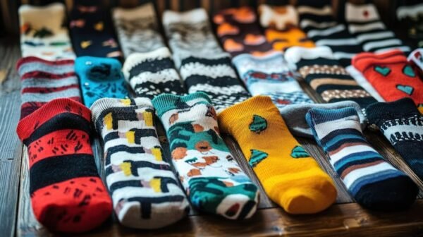 Custom logo socks in assorted colours laid out to show design options