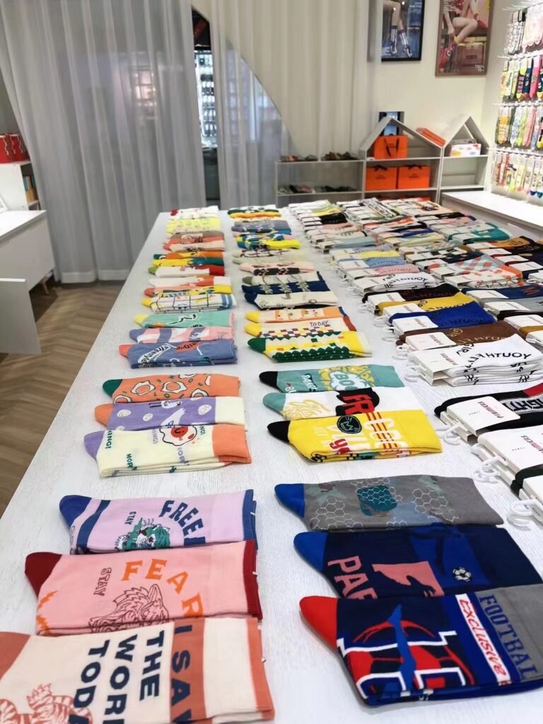 Sock samples laid out on a factory table before an order is quoted