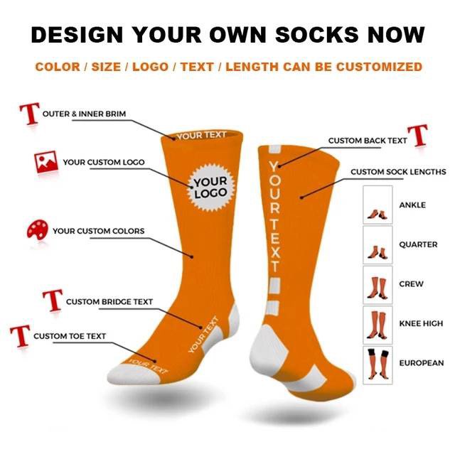 Spec panel showing the customisable fields of a knitted sock: colour, size, logo, text and length